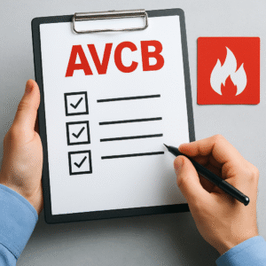 Selo de aprovação do AVCB em uma porta de vidro de um prédio comercial.
